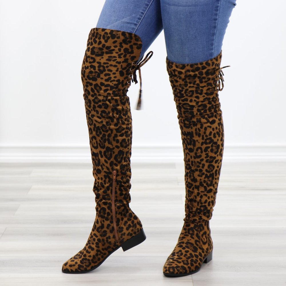 Leopard Suede Thigh High Flat Boot Lace Up Back - Picture 7 of 14